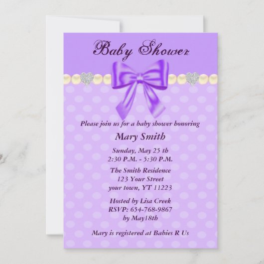 Paarse Polka Dots Bow Baby shower Uitnodiging (Voorkant)