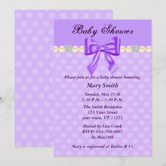 Paarse Polka Dots Bow Baby shower Uitnodiging (Voorkant / Achterkant)