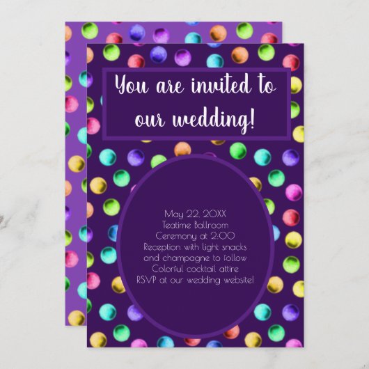 Paarse Polka-Dotted Wedding Kaart (Voorkant / Achterkant)