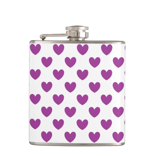 Paarse polka harten wit heupfles (Voorkant)
