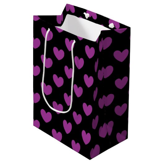 Paarse polka harten zwart medium cadeauzakje (Voorkant Gekanteld)