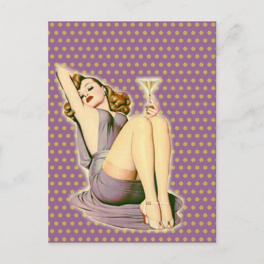 paarse polka stipt martini rockabilly meisje briefkaart (Voorkant)