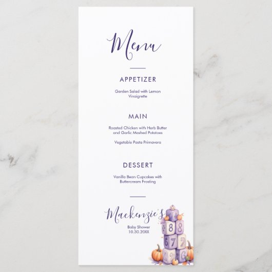 Paarse Pompoen Baby Shower Partijmenu Menu (Voorkant)