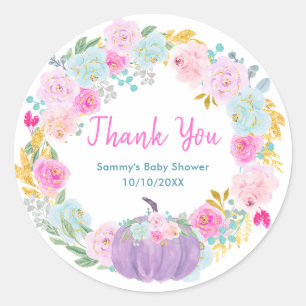 Paarse Pompoen Bloemenkrans Baby Shower Bedankt Ronde Sticker