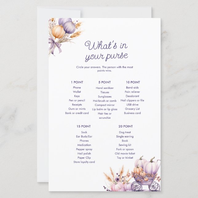 Paarse pompoen in uw portemonnee Baby shower spel (Voorkant)