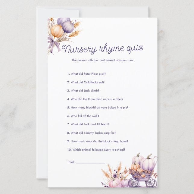 Paarse Pompoen Kwekerij Rhyme Quiz Baby shower Gam (Voorkant)