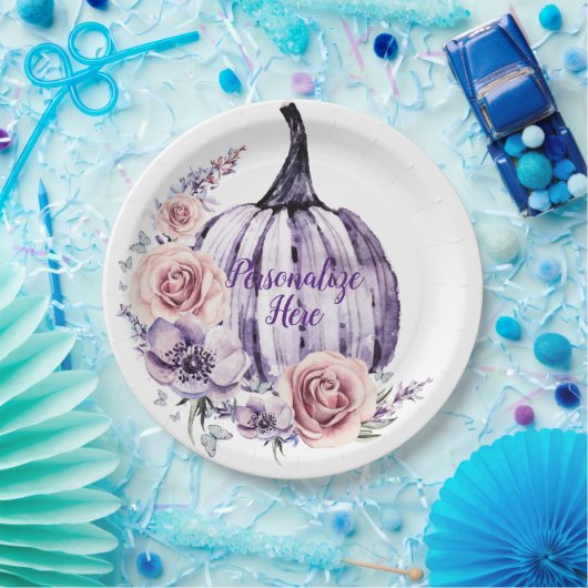 Paarse pompoen schattige herfsten herfst bloemen papieren bordje (Feest)