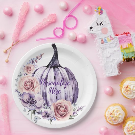 Paarse pompoen schattige herfsten herfst bloemen papieren bordje (Feest)