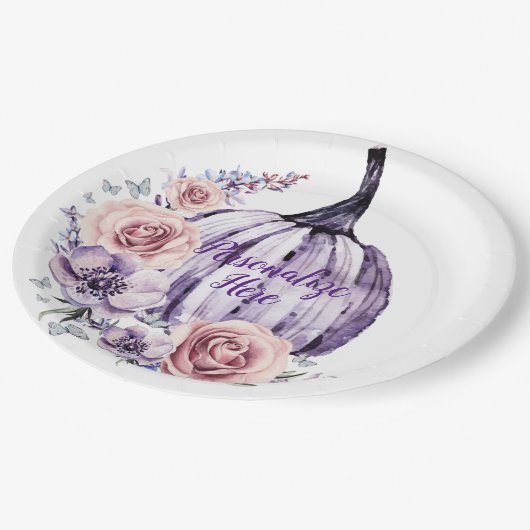 Paarse pompoen schattige herfsten herfst bloemen papieren bordje (Gekanteld)