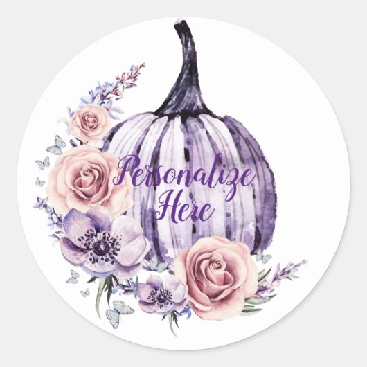 Paarse pompoen schattige herfsten herfst bloemen ronde sticker (Voorkant)