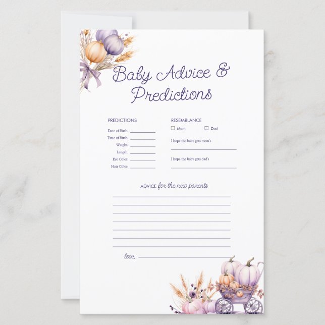 Paarse pompoen voorspelling advies Baby shower spe (Voorkant)