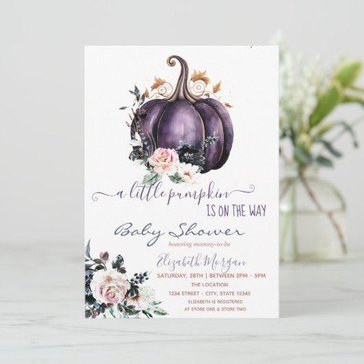 Paarse pompoenbloemen, gestippeld Baby shower Kaart (Staand voorkant)