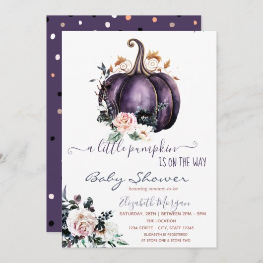 Paarse pompoenbloemen, gestippeld Baby shower Kaart (Voorkant / Achterkant)