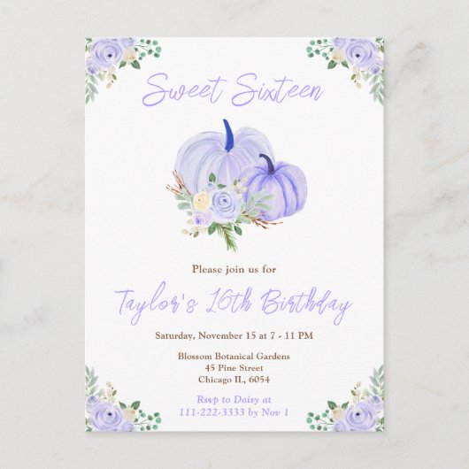 Paarse Pompoenen Bloemige Sweet Sixteen Briefkaart (Voorkant)