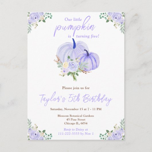 Paarse Pompoenen Bloemige Verjaardagsfeestje Briefkaart (Voorkant)