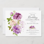 Paarse pony's Floral 16e verjaardag uitnodiging (Voorkant)