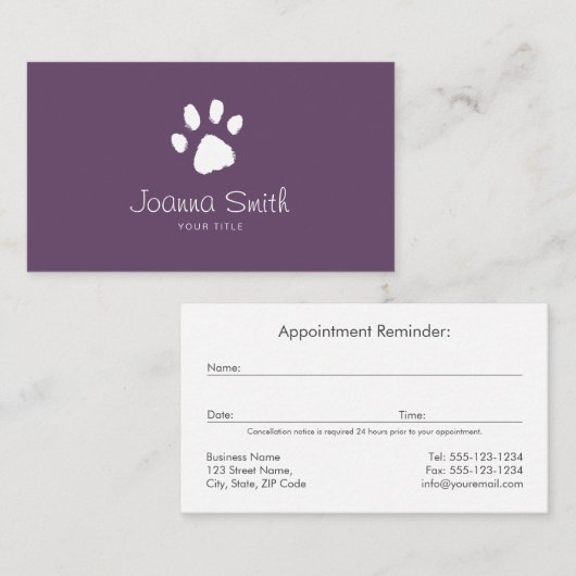 Paarse Poot Hond Wandelen Huisdier Zittende Dieren Afsprakenkaartje (Voorkant / Achterkant)