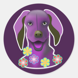Paarse Pop Art Smiling Dog & Flowers Cartoon Fun Ronde Sticker