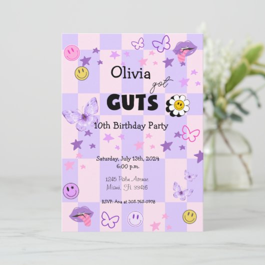 Paarse Pop Muziek Tween Tiener Verjaardagsuitnodig Kaart (Staand voorkant)