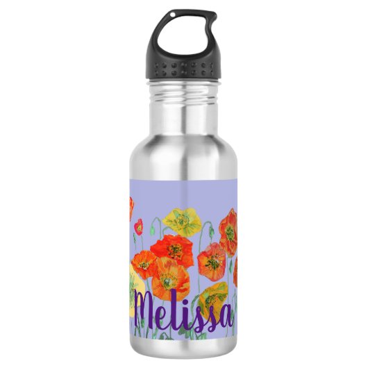 Paarse Poppies Bloemen Pastel Meisjes Naam Waterfles (Voorkant)