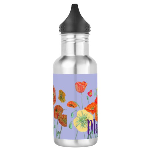 Paarse Poppies Bloemen Pastel Meisjes Naam Waterfles (Links)