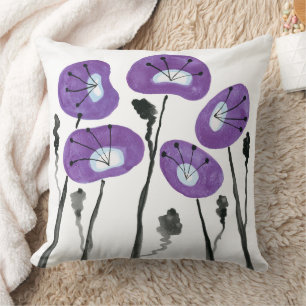 Paarse Poppies Boho Moderne Waterverf Bloemen Kussen