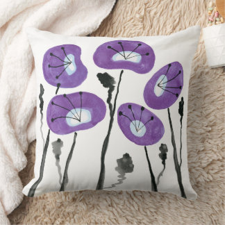 Paarse Poppies Boho Moderne Waterverf Bloemen Kussen