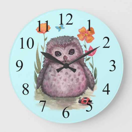 Paarse Portly Owlet Cute Owl and Ladybug Clock Grote Klok (Voorkant)