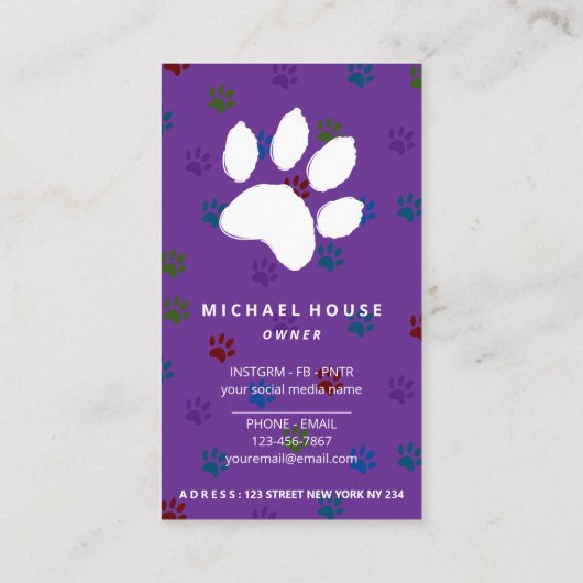 paarse poten hondenkat zittend visitekaartje (Achterkant)