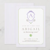 Paarse Preppy Tennis Crest 1e Verjaardag Uitnodige Bedankkaart (Voorkant / Achterkant)