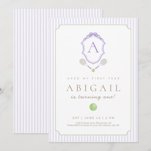 Paarse Preppy Tennis Crest 1e Verjaardag Uitnodige Bedankkaart (Voorkant / Achterkant)