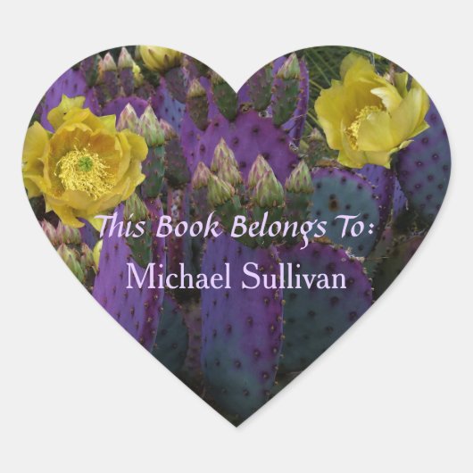 Paarse Prickly Pear Opuntia Cactus Yellow Flowers Hart Sticker (Voorkant)