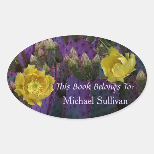 Paarse Prickly Pear Opuntia Cactus Yellow Flowers Ovale Sticker (Voorkant)