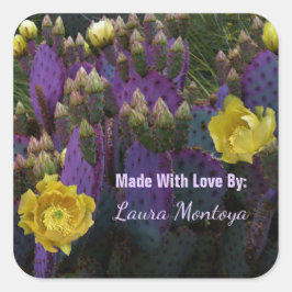 Paarse Prickly Pear Opuntia Cactus Yellow Flowers Vierkante Sticker