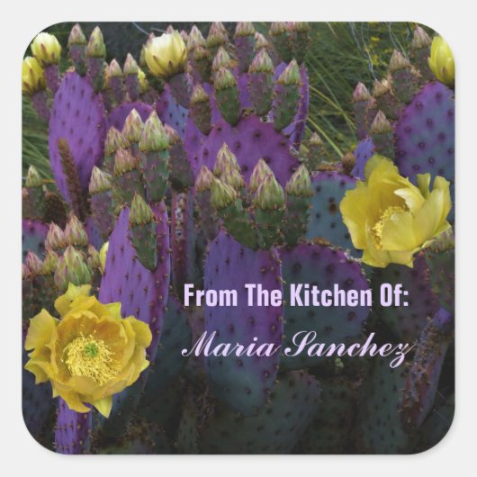 Paarse Prickly Pear Opuntia Cactus Yellow Flowers Vierkante Sticker (Voorkant)