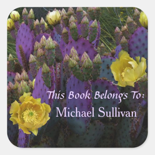 Paarse Prickly Pear Opuntia Cactus Yellow Flowers Vierkante Sticker (Voorkant)