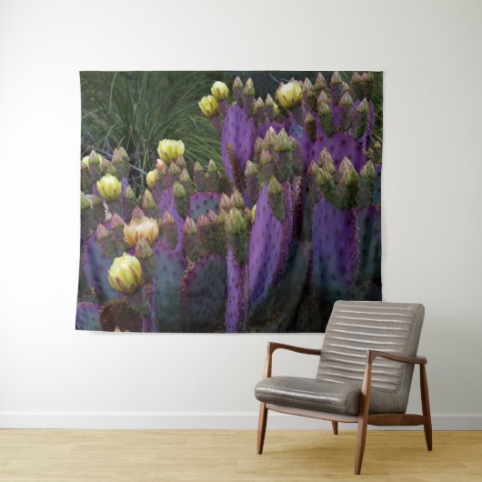 Paarse Prickly Pear Opuntia Cactus Yellow Flowers Wandkleed (In Situ (horizontaal))