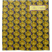 Paarse prikmoes, geelbloemen douchegordijn (Voorkant)