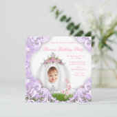 Paarse Princess Carriage Foto Verjaardagsfeest Kaart (Staand voorkant)