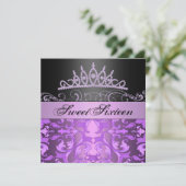 Paarse Princess Sweet16 Damask Verjaardag Uitnodig Kaart (Staand voorkant)
