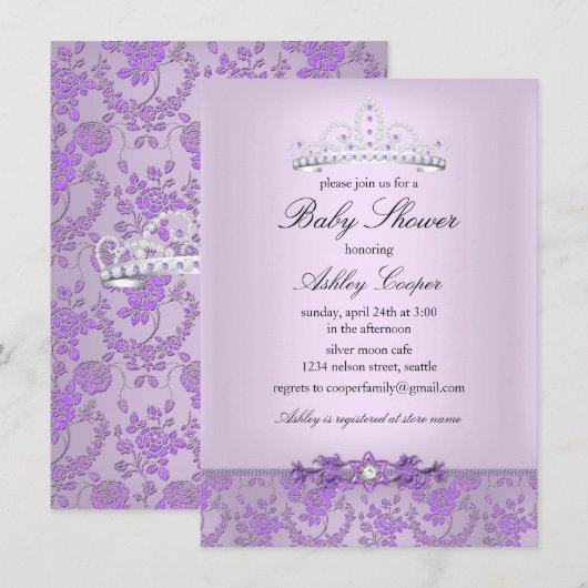 Paarse prinses Baby shower Tiara Kaart (Voorkant / Achterkant)