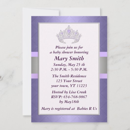 Paarse Prinses Baby shower Uitnodiging (Achterkant)