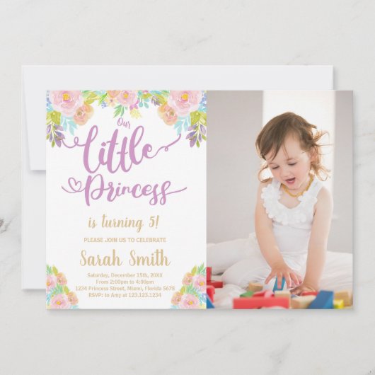 Paarse prinses Birthday Uitnodigingen met foto (Voorkant)