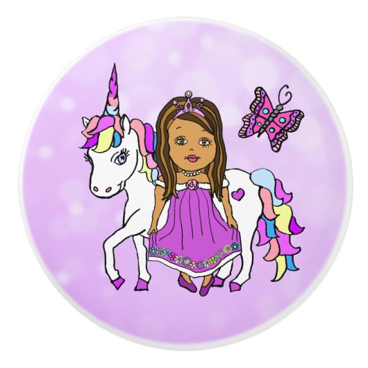 Paarse prinses, Butterfly en Unicorn Keramische Knop (Voorkant)