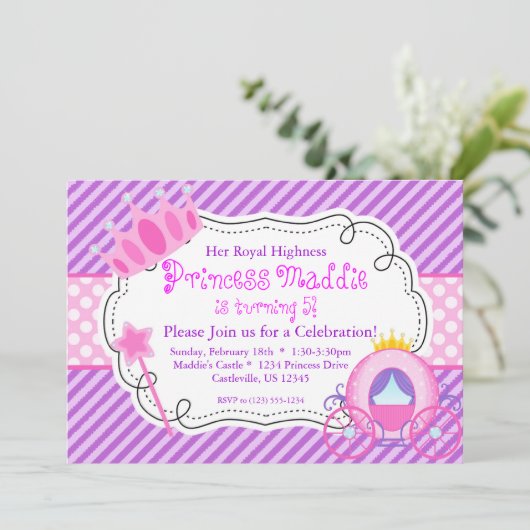 Paarse prinses Crown and Carriage Birthday Party Kaart (Staand voorkant)