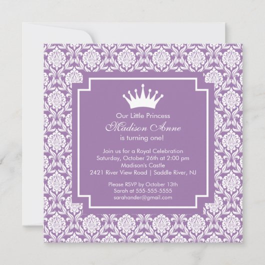 Paarse prinses Crown Birthday Party Invitation Kaart (Voorkant)