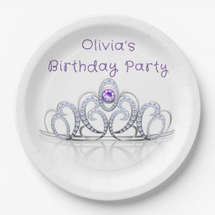 Paarse prinses Diamond Crown Birthday Party Papieren Bordje