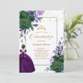 Paarse prinses Floral Quinceañera Kaart (Staand voorkant)