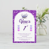 Paarse Prinses Glitter 1e Verjaardagsuitnodiging Kaart (Staand voorkant)