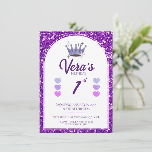 Paarse Prinses Glitter 1e Verjaardagsuitnodiging Kaart (Staand voorkant)